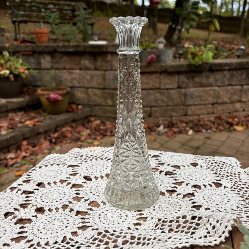 Vintage Anchor Hocking 70’s Clear Etched Long Stem Bud Vase